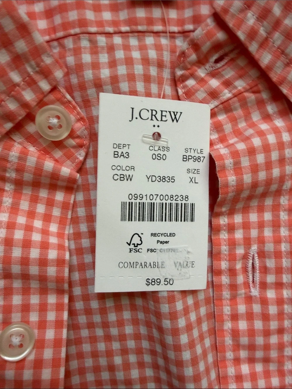 J. Crew Men’s Coral Gingham Button-Down Slim Fit Shirt - Size XL